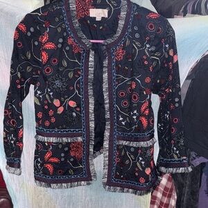 LOFT Black Jacket with Red and Blue Floral Embroidery